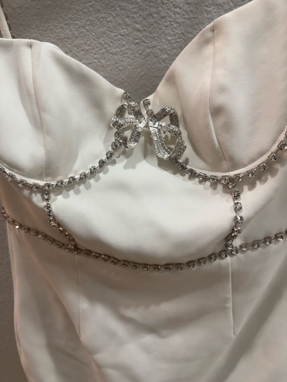 Self-Portrait White Mini Dress with Crystal Strap Accent and Crystal bow - Picture 3 of 6